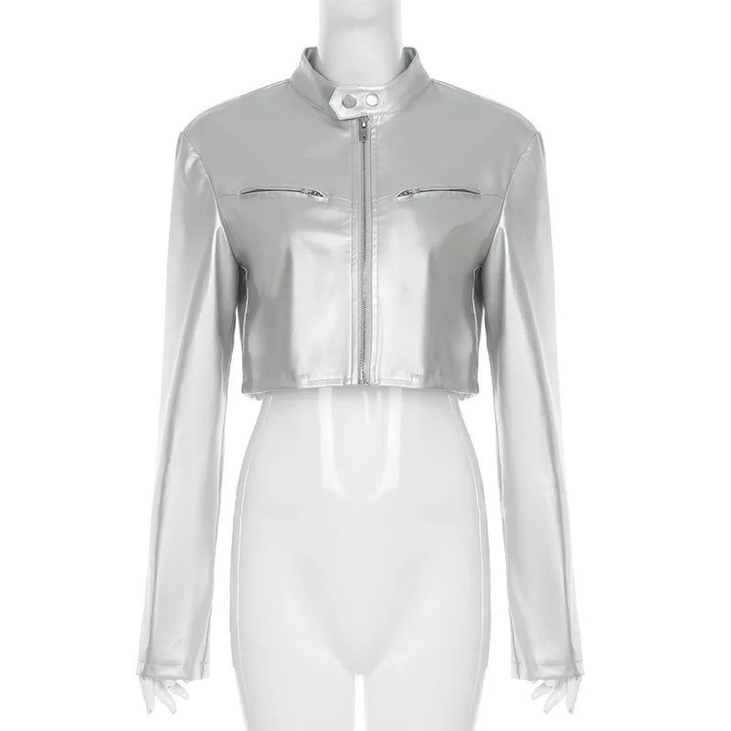 Spicy girl street personality slim fit exposed navel versatile silver stand up collar zipper short jacket - The Discount Plug