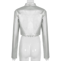 Spicy girl street personality slim fit exposed navel versatile silver stand up collar zipper short jacket - The Discount Plug