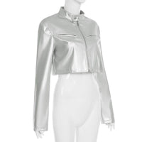 Spicy girl street personality slim fit exposed navel versatile silver stand up collar zipper short jacket - The Discount Plug