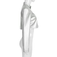 Spicy girl street personality slim fit exposed navel versatile silver stand up collar zipper short jacket - The Discount Plug
