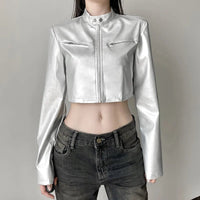 Spicy girl street personality slim fit exposed navel versatile silver stand up collar zipper short jacket - The Discount Plug