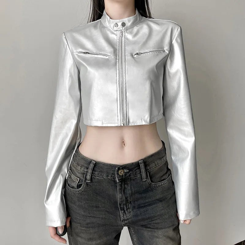 Spicy girl street personality slim fit exposed navel versatile silver stand up collar zipper short jacket - The Discount Plug