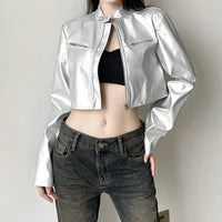 Spicy girl street personality slim fit exposed navel versatile silver stand up collar zipper short jacket - The Discount Plug