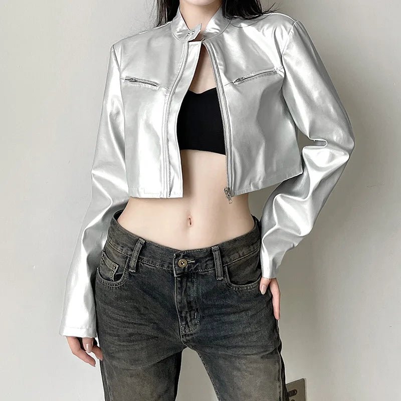Spicy girl street personality slim fit exposed navel versatile silver stand up collar zipper short jacket - The Discount Plug