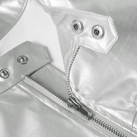 Spicy girl street personality slim fit exposed navel versatile silver stand up collar zipper short jacket - The Discount Plug