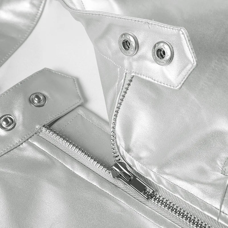 Spicy girl street personality slim fit exposed navel versatile silver stand up collar zipper short jacket - The Discount Plug