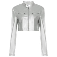 Spicy girl street personality slim fit exposed navel versatile silver stand up collar zipper short jacket - The Discount Plug