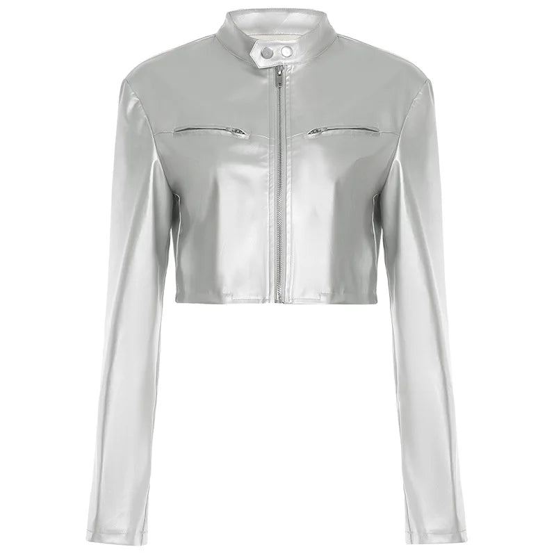 Spicy girl street personality slim fit exposed navel versatile silver stand up collar zipper short jacket - The Discount Plug