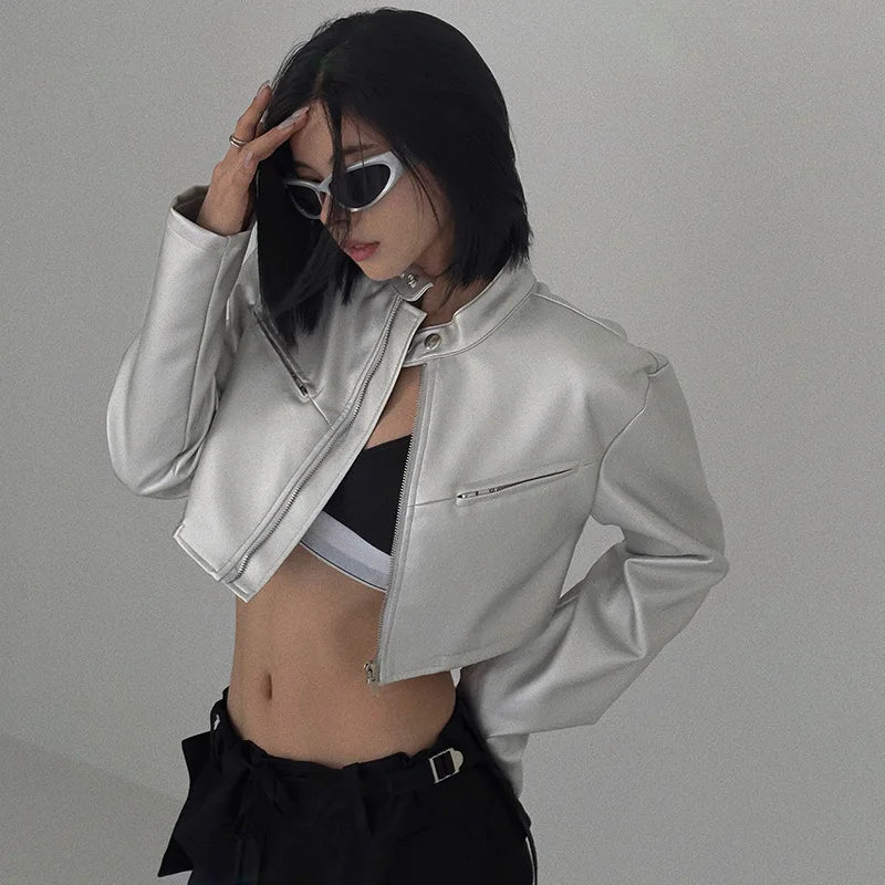 Spicy girl street personality slim fit exposed navel versatile silver stand up collar zipper short jacket - The Discount Plug