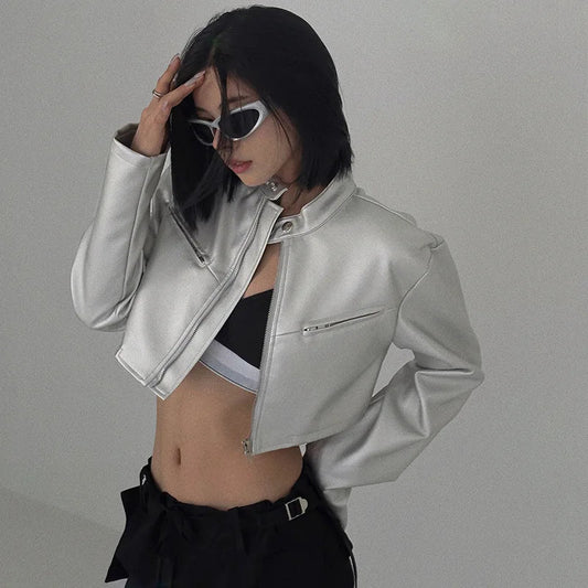 Spicy girl street personality slim fit exposed navel versatile silver stand up collar zipper short jacket - The Discount Plug