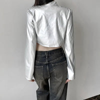 Spicy girl street personality slim fit exposed navel versatile silver stand up collar zipper short jacket - The Discount Plug