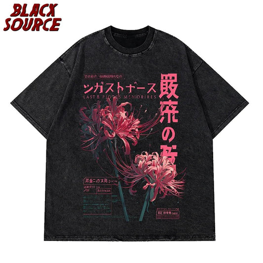 T171 Anime Aesthetic Washed T-shirt with Soft Grunge Flower Japanese Spider Lily, Aesthetic Clothing, Shirts for men's Clothing - The Discount Plug