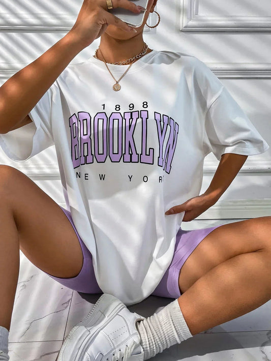 Vintage 1898 Brooklyn New York Womens T-Shirts Oversize American Short Sleeve Casual Clothing Street Woman Tops - The Discount Plug