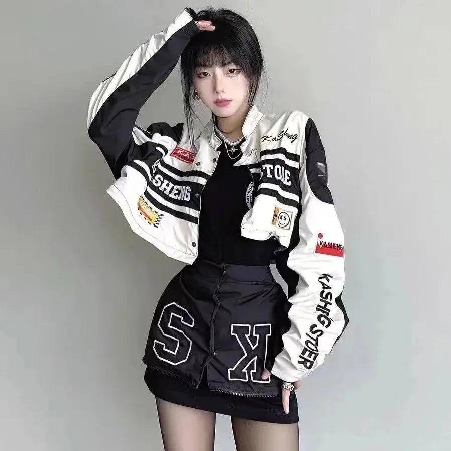Vintage American Racing Motorcycle Baseball Jacket Outerwear Women's Autumn Thin Detachable Couple Set Stand Collar Full Sleeve - The Discount Plug
