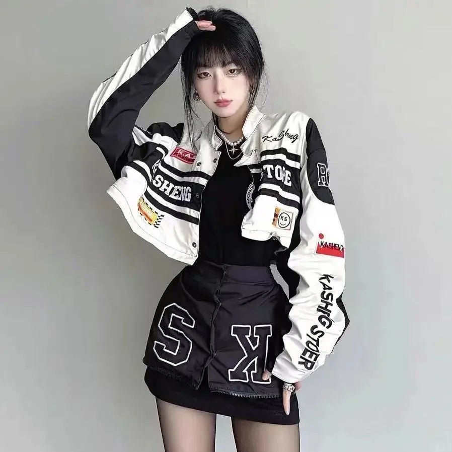 Vintage American Racing Motorcycle Baseball Jacket Outerwear Women's Autumn Thin Detachable Couple Set Stand Collar Full Sleeve - The Discount Plug