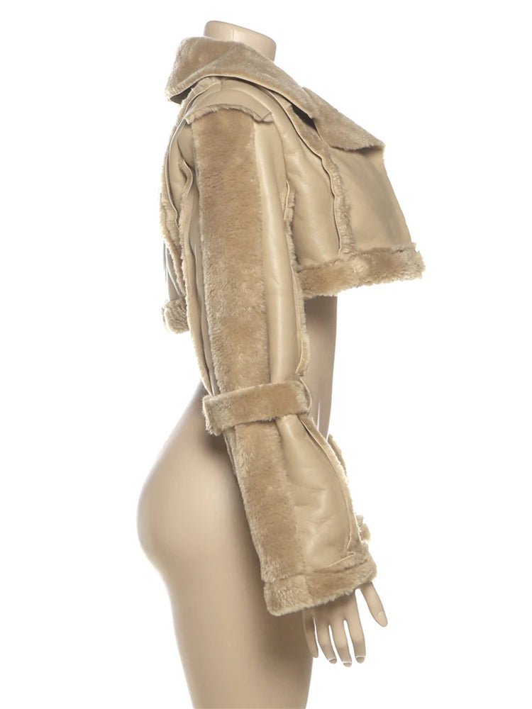 Weird Puss Furry Patchwork Women Crop Jacket Hipster Full Sleeve Open Stitch Hipster Streetwear Warm Outwear Basic Wild Coat - The Discount Plug