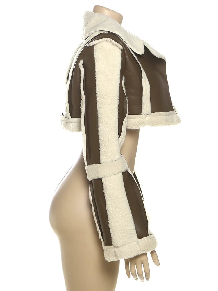 Weird Puss Furry Patchwork Women Crop Jacket Hipster Full Sleeve Open Stitch Hipster Streetwear Warm Outwear Basic Wild Coat - The Discount Plug