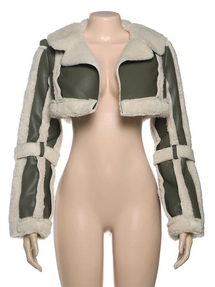 Weird Puss Furry Patchwork Women Crop Jacket Hipster Full Sleeve Open Stitch Hipster Streetwear Warm Outwear Basic Wild Coat - The Discount Plug