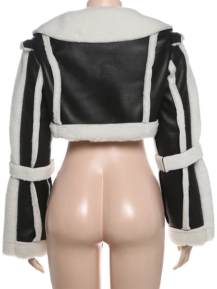 Weird Puss Furry Patchwork Women Crop Jacket Hipster Full Sleeve Open Stitch Hipster Streetwear Warm Outwear Basic Wild Coat - The Discount Plug