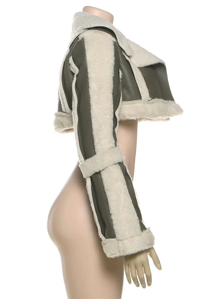 Weird Puss Furry Patchwork Women Crop Jacket Hipster Full Sleeve Open Stitch Hipster Streetwear Warm Outwear Basic Wild Coat - The Discount Plug