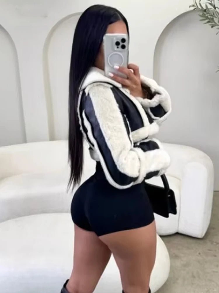 Weird Puss Furry Patchwork Women Crop Jacket Hipster Full Sleeve Open Stitch Hipster Streetwear Warm Outwear Basic Wild Coat - The Discount Plug