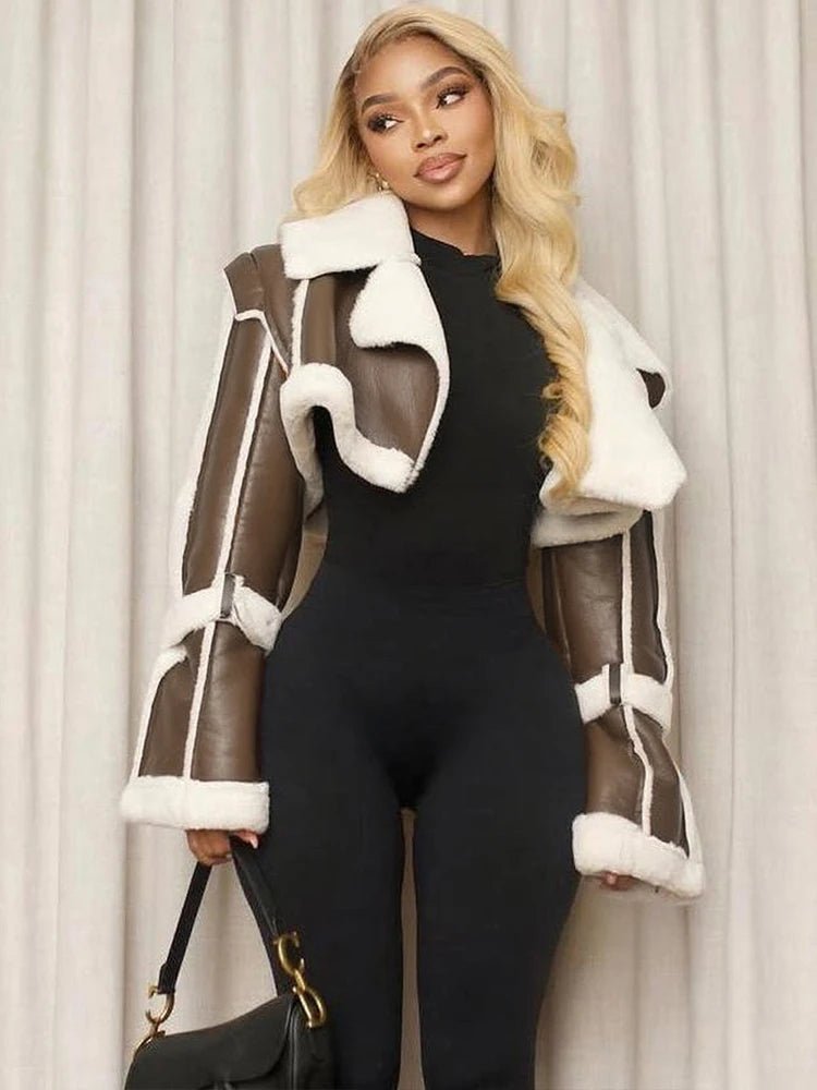 Weird Puss Furry Patchwork Women Crop Jacket Hipster Full Sleeve Open Stitch Hipster Streetwear Warm Outwear Basic Wild Coat - The Discount Plug