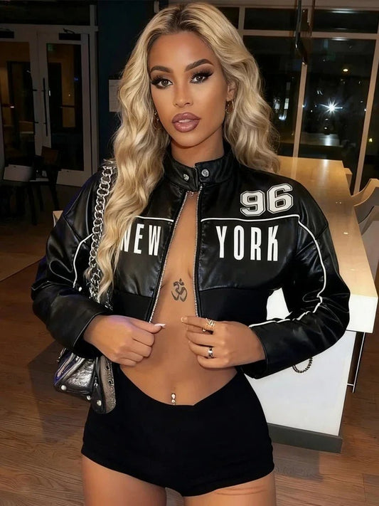 Weird Puss PU Patchwork Women Jacket Letter Print Hipster Button Zip Full Sleeve Trend Cool Street Spring Outwear Crop Coat - The Discount Plug