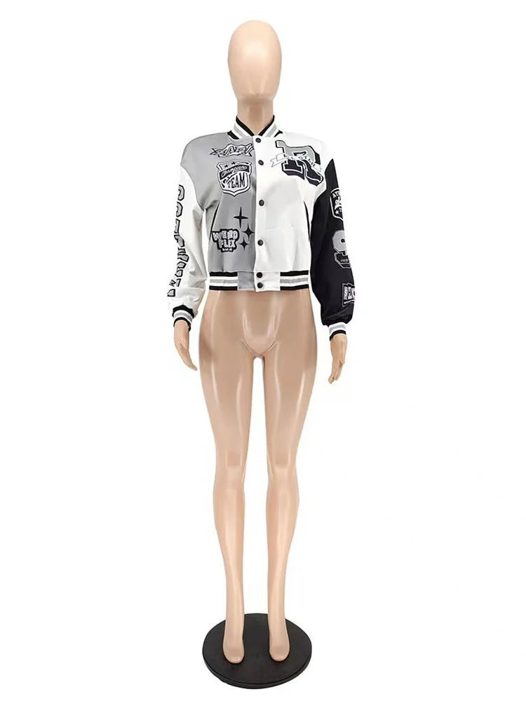 Winter Fall Jacket For Women Coat Trend O Neck Buttons Cropped Top Jacket Patchwork Baggy Blue Female Outerwear varsity jacket - The Discount Plug