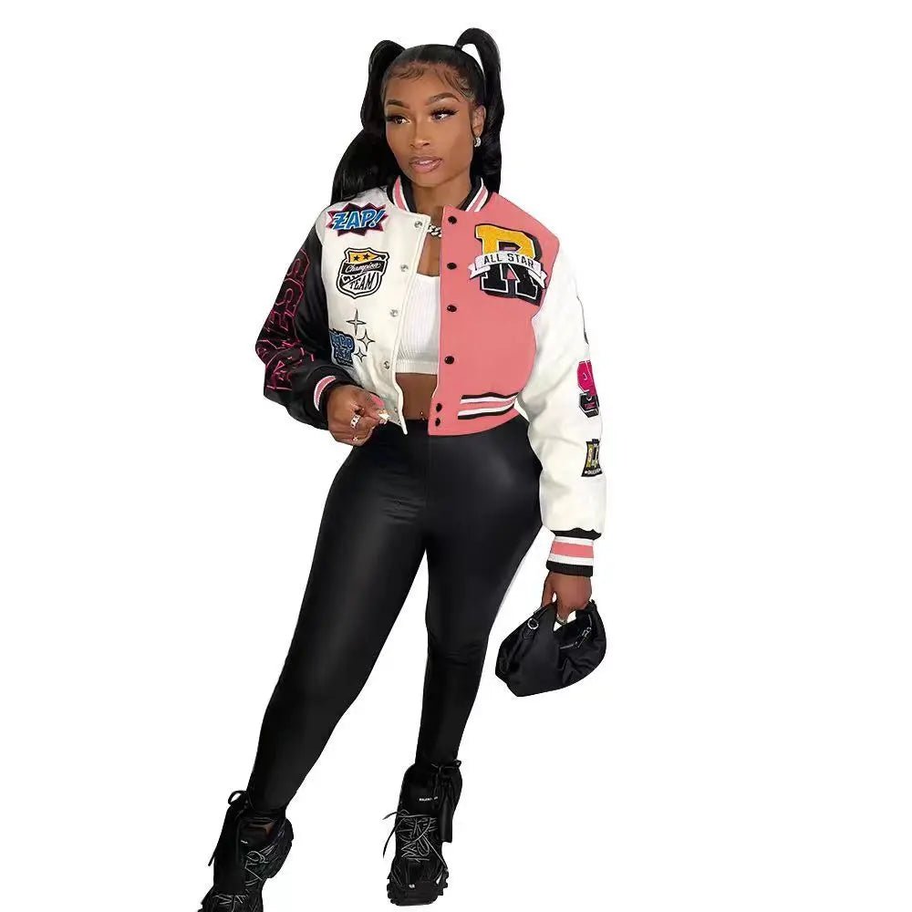 Winter Fall Jacket For Women Coat Trend O Neck Buttons Cropped Top Jacket Patchwork Baggy Blue Female Outerwear varsity jacket - The Discount Plug