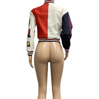 Winter Fall Jacket For Women Coat Trend O Neck Buttons Cropped Top Jacket Patchwork Baggy Blue Female Outerwear varsity jacket - The Discount Plug