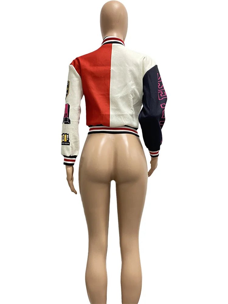 Winter Fall Jacket For Women Coat Trend O Neck Buttons Cropped Top Jacket Patchwork Baggy Blue Female Outerwear varsity jacket - The Discount Plug