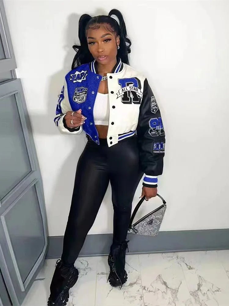 Winter Fall Jacket For Women Coat Trend O Neck Buttons Cropped Top Jacket Patchwork Baggy Blue Female Outerwear varsity jacket - The Discount Plug