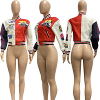 Winter Fall Jacket For Women Coat Trend O Neck Buttons Cropped Top Jacket Patchwork Baggy Blue Female Outerwear varsity jacket - The Discount Plug