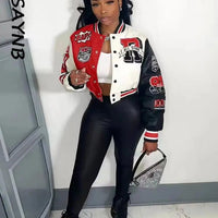 Winter Fall Jacket For Women Coat Trend O Neck Buttons Cropped Top Jacket Patchwork Baggy Blue Female Outerwear varsity jacket - The Discount Plug