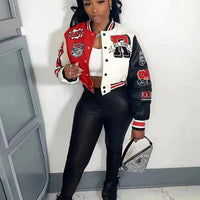 Winter Fall Jacket For Women Coat Trend O Neck Buttons Cropped Top Jacket Patchwork Baggy Blue Female Outerwear varsity jacket - The Discount Plug