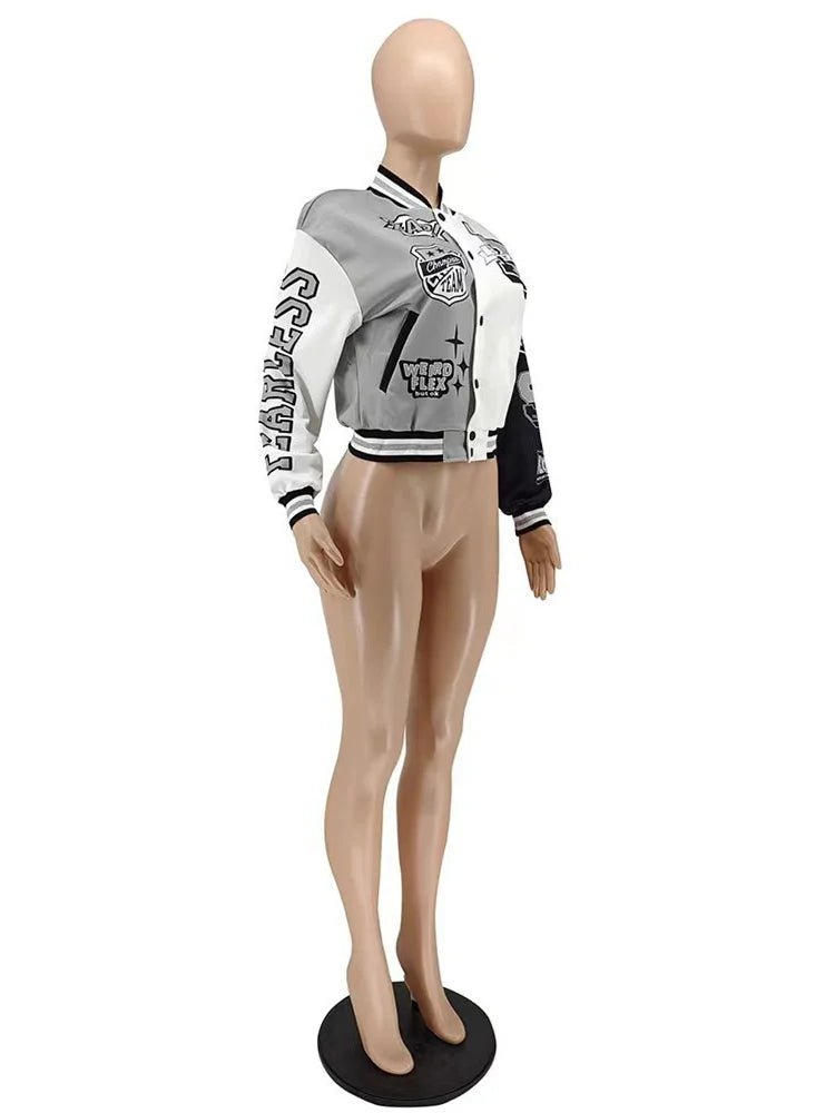 Winter Fall Jacket For Women Coat Trend O Neck Buttons Cropped Top Jacket Patchwork Baggy Blue Female Outerwear varsity jacket - The Discount Plug