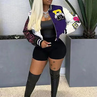 Winter Fall Jacket For Women Coat Trend O Neck Buttons Cropped Top Jacket Patchwork Baggy Blue Female Outerwear varsity jacket - The Discount Plug