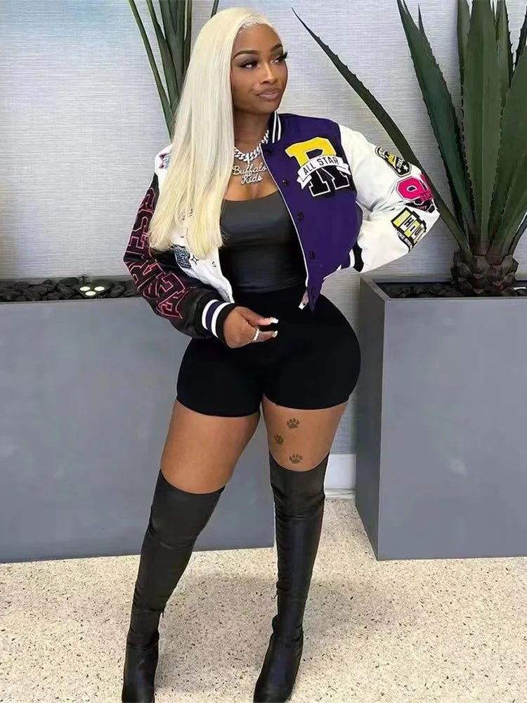 Winter Fall Jacket For Women Coat Trend O Neck Buttons Cropped Top Jacket Patchwork Baggy Blue Female Outerwear varsity jacket - The Discount Plug