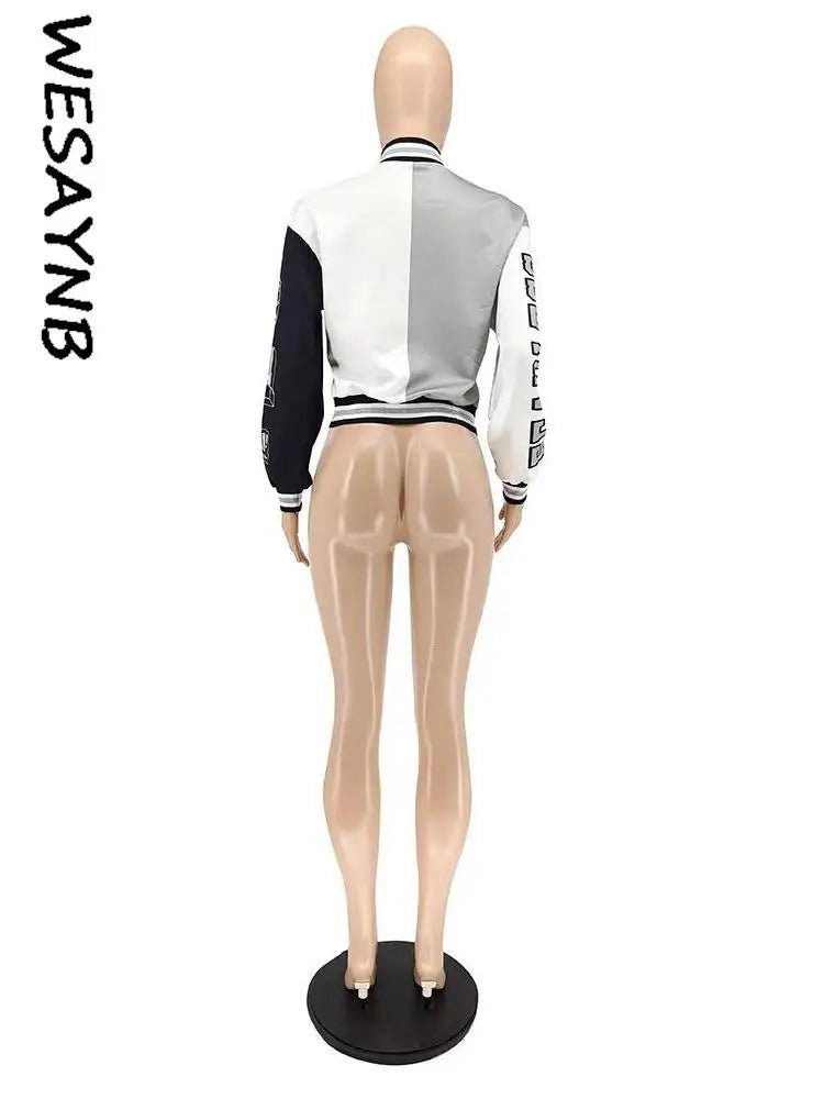 Winter Fall Jacket For Women Coat Trend O Neck Buttons Cropped Top Jacket Patchwork Baggy Blue Female Outerwear varsity jacket - The Discount Plug