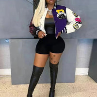 Winter Fall Jacket For Women Coat Trend O Neck Buttons Cropped Top Jacket Patchwork Baggy Blue Female Outerwear varsity jacket - The Discount Plug