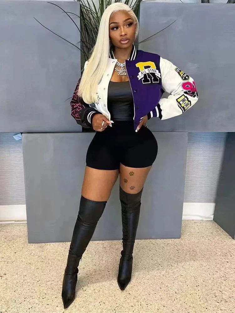 Winter Fall Jacket For Women Coat Trend O Neck Buttons Cropped Top Jacket Patchwork Baggy Blue Female Outerwear varsity jacket - The Discount Plug