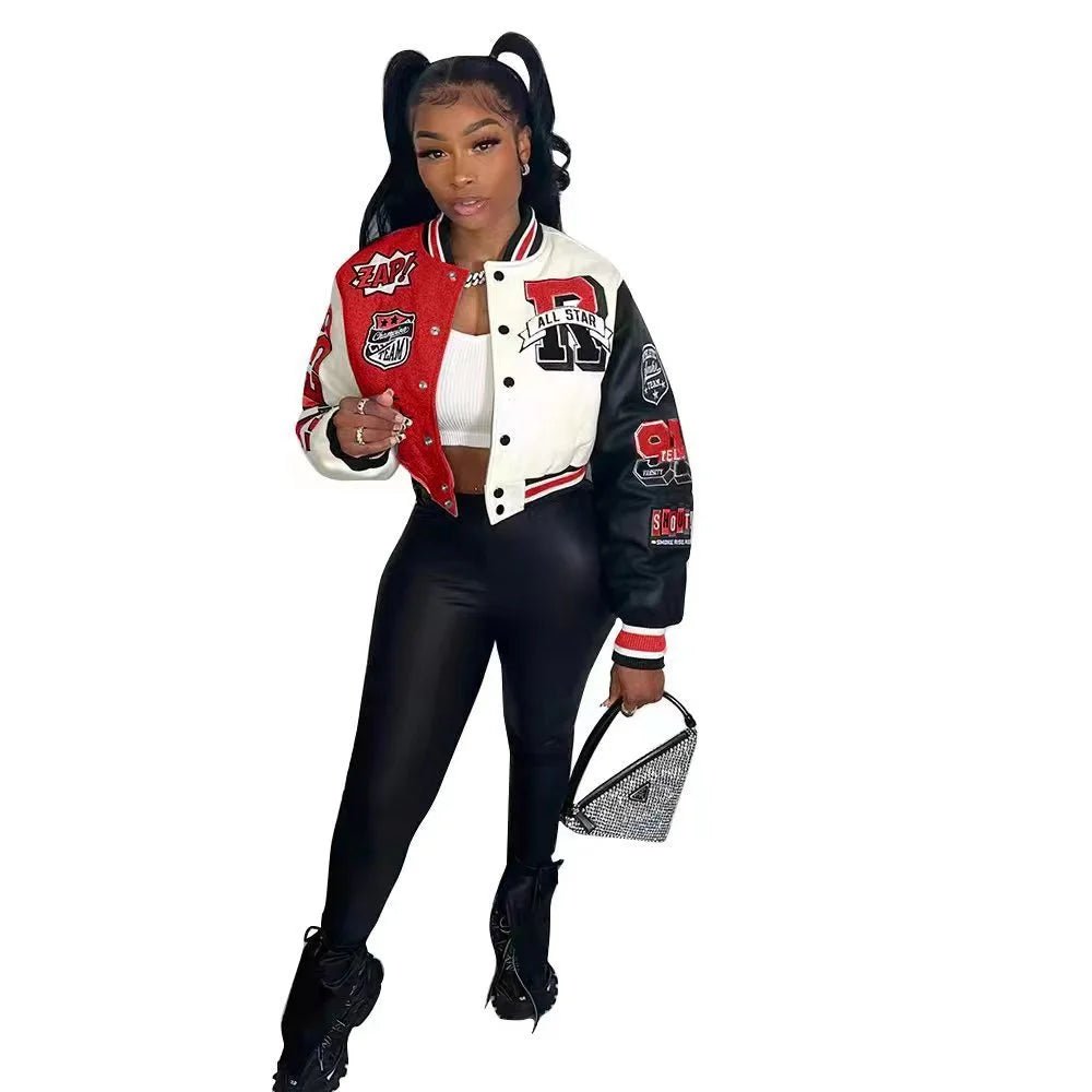 Winter Fall Jacket For Women Coat Trend O Neck Buttons Cropped Top Jacket Patchwork Baggy Blue Female Outerwear varsity jacket - The Discount Plug