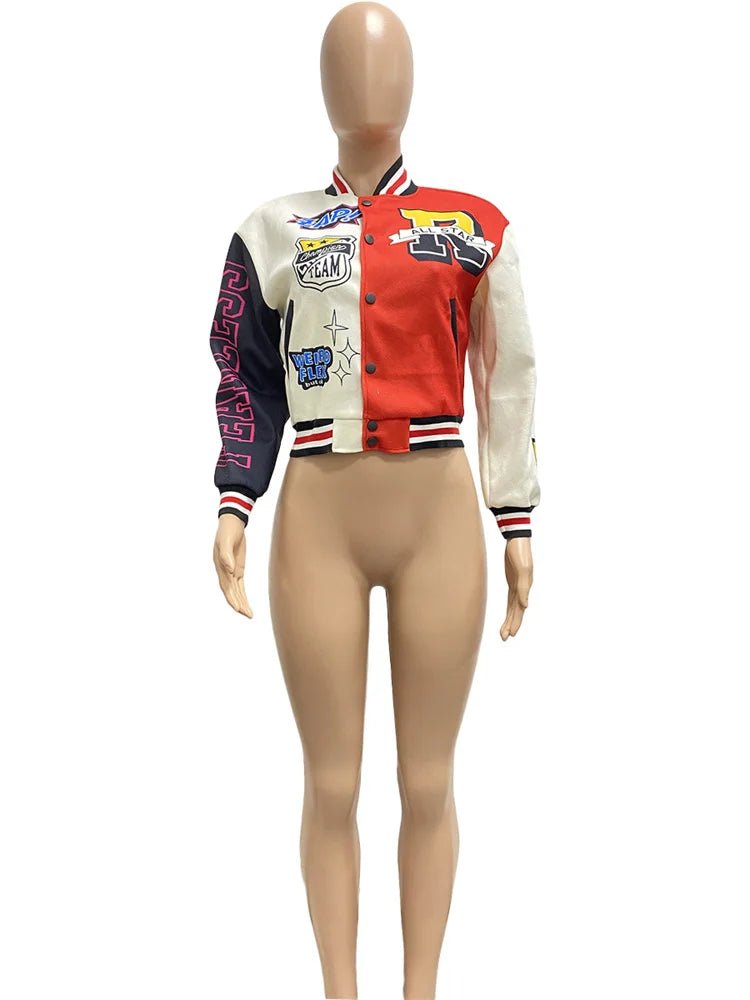 Winter Fall Jacket For Women Coat Trend O Neck Buttons Cropped Top Jacket Patchwork Baggy Blue Female Outerwear varsity jacket - The Discount Plug