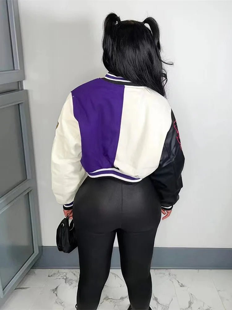 Winter Fall Jacket For Women Coat Trend O Neck Buttons Cropped Top Jacket Patchwork Baggy Blue Female Outerwear varsity jacket - The Discount Plug