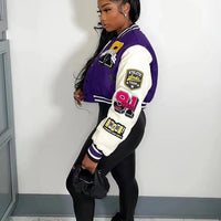 Winter Fall Jacket For Women Coat Trend O Neck Buttons Cropped Top Jacket Patchwork Baggy Blue Female Outerwear varsity jacket - The Discount Plug