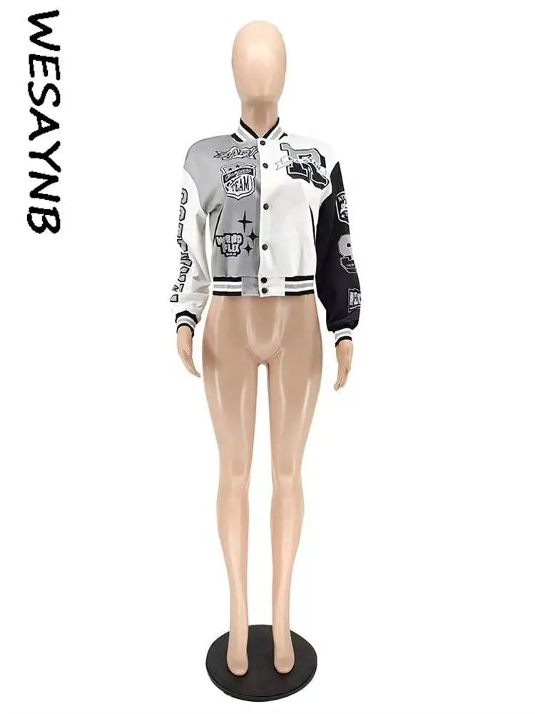 Winter Fall Jacket For Women Coat Trend O Neck Buttons Cropped Top Jacket Patchwork Baggy Blue Female Outerwear varsity jacket - The Discount Plug