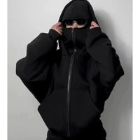women's Men's and Balaclava Y2K Gothic Harajuku winter new item double hooded sweatshirt men's hooded mask zipper sportswear - The Discount Plug