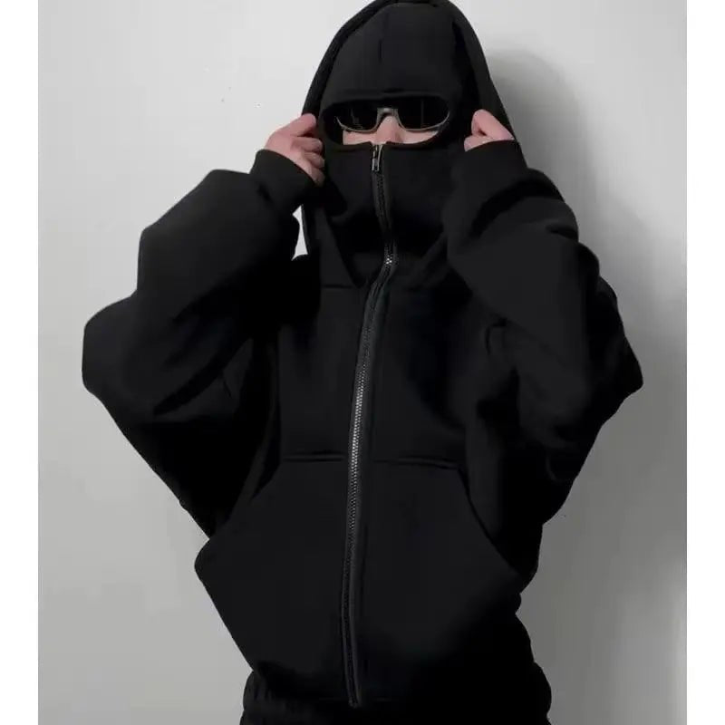 women's Men's and Balaclava Y2K Gothic Harajuku winter new item double hooded sweatshirt men's hooded mask zipper sportswear - The Discount Plug