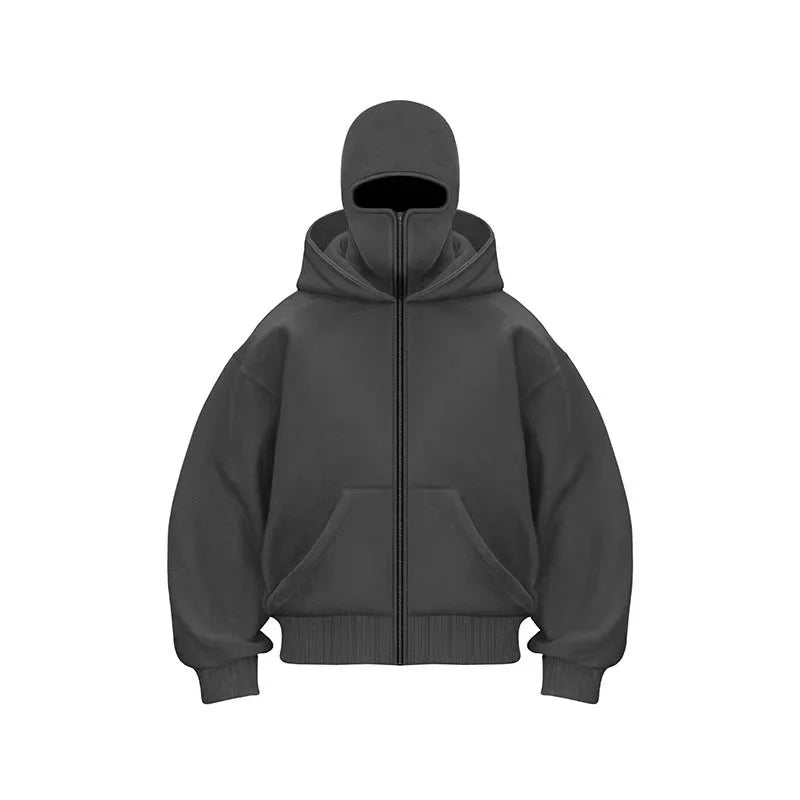 women's Men's and Balaclava Y2K Gothic Harajuku winter new item double hooded sweatshirt men's hooded mask zipper sportswear - The Discount Plug