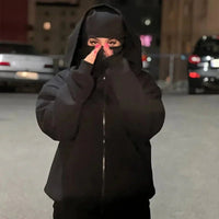 women's Men's and Balaclava Y2K Gothic Harajuku winter new item double hooded sweatshirt men's hooded mask zipper sportswear - The Discount Plug